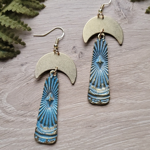 Brass moon rustic statement earrings - Picture 1 of 4